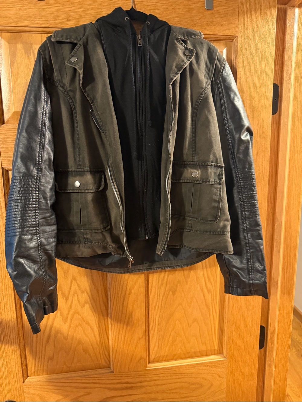 American Eagle Mixed Media
Hooded Jacket with Faux Leather Sleeves